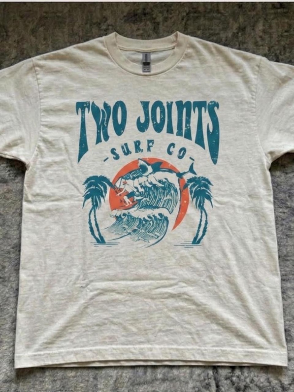 Gildan Cream Short-Sleeve Tee with Teal & Orange Surf Graphic